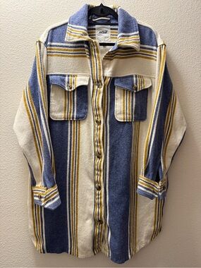 Aerie Heavyweight Striped Flannel Shacket L Large Blue Yellow Oversized Coat